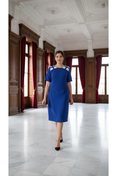 Nidya Moda Büyük Beden Kadın Saks Omuz Kafes Beyaz Kombinli Krep Abiye Elbise-4152SX