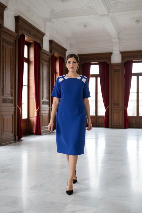 Nidya Moda Büyük Beden Kadın Saks Omuz Kafes Beyaz Kombinli Krep Abiye Elbise-4152SX