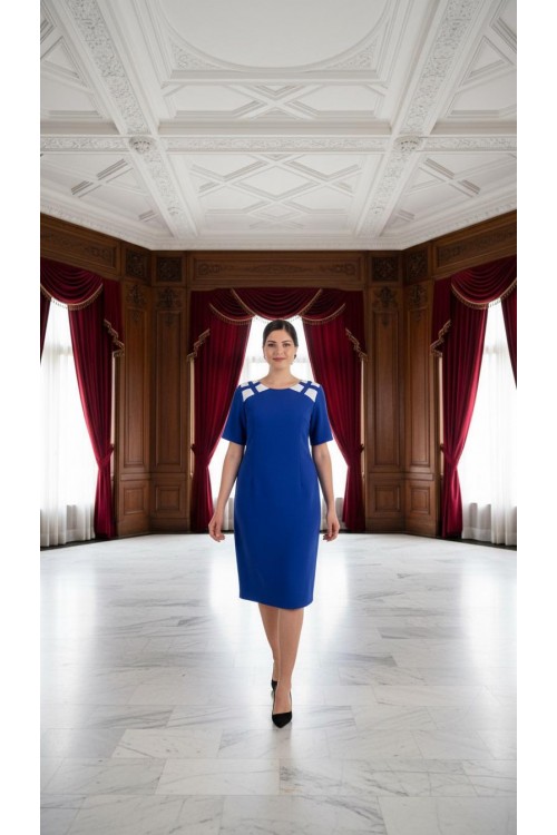 Nidya Moda Büyük Beden Kadın Saks Omuz Kafes Beyaz Kombinli Krep Abiye Elbise-4152SX