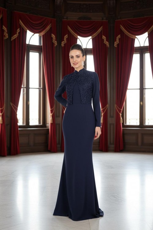 Nidya Moda Büyük Beden Tesettür Kadın Lacivert Dantel Kombin  Balık Krep Uzun Abiye Elbise-4154L