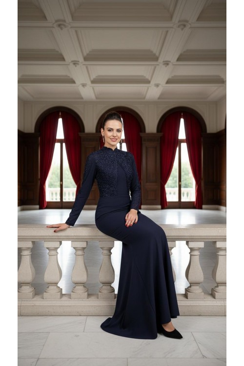 Nidya Moda Büyük Beden Tesettür Kadın Lacivert Dantel Kombin  Balık Krep Uzun Abiye Elbise-4154L