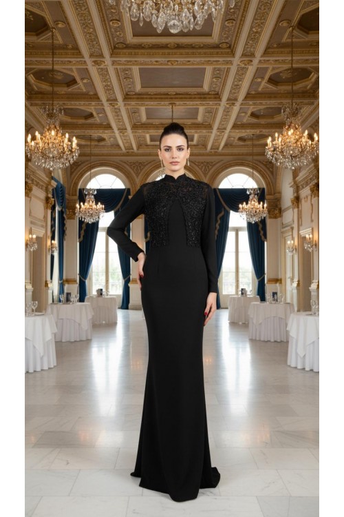 Nidya Moda Büyük Beden Tesettür  Kadın Siyah Dantel Kombin Balık  Krep Uzun Abiye Elbise-4154S