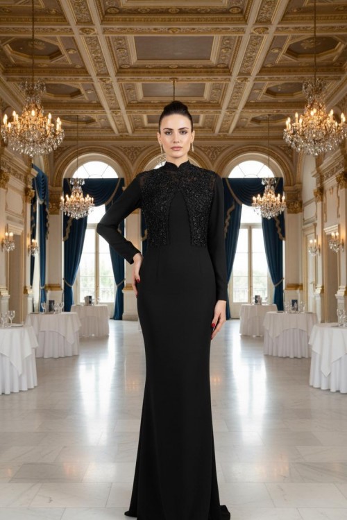 Nidya Moda Büyük Beden Tesettür  Kadın Siyah Dantel Kombin Balık  Krep Uzun Abiye Elbise-4154S