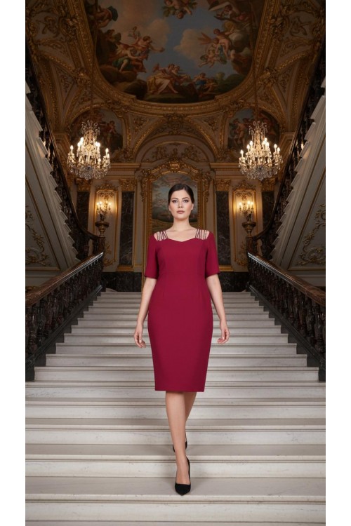 Nidya Moda Büyük Beden Kadın Fuşya Omuz Taşlı Şeritli Krep Abiye Elbise-4155AF