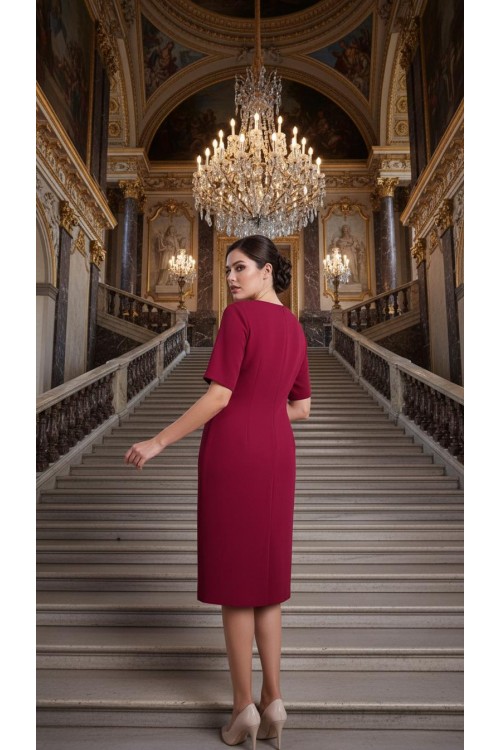 Nidya Moda Büyük Beden Kadın Fuşya Omuz Taşlı Şeritli Krep Abiye Elbise-4155AF