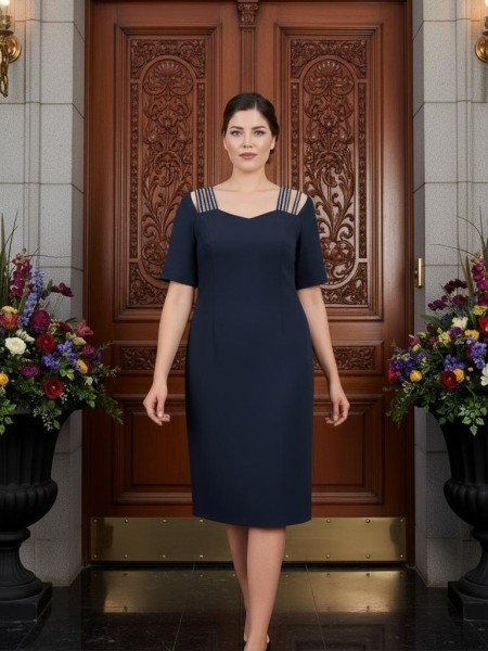 Nidya Moda Büyük Beden Kadın Lacivert Omuz Taşlı Serit Krep  Abiye Elbise-4155AL