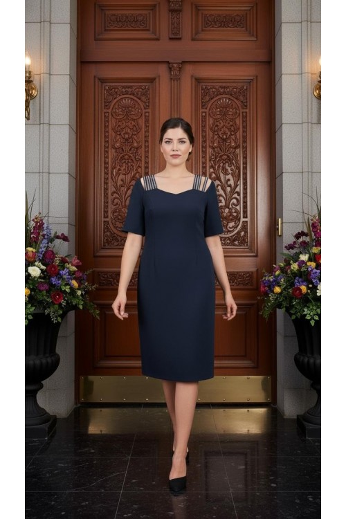 Nidya Moda Büyük Beden Kadın Lacivert Omuz Taşlı Serit Krep  Abiye Elbise-4155AL