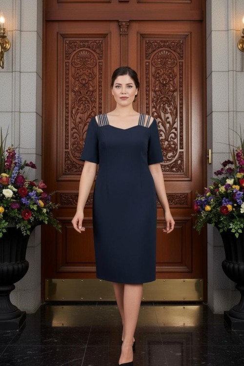 Nidya Moda Büyük Beden Kadın Lacivert Omuz Taşlı Serit Krep  Abiye Elbise-4155AL