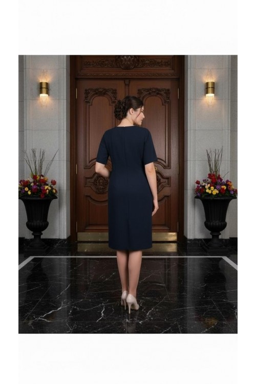 Nidya Moda Büyük Beden Kadın Lacivert Omuz Taşlı Serit Krep  Abiye Elbise-4155AL