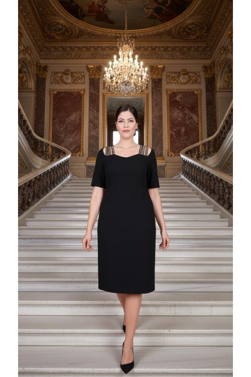 Nidya Moda Büyük Beden Kadın Siyah Omuz Taşlı Şeritli Krep Abiye Elbise-4155AS