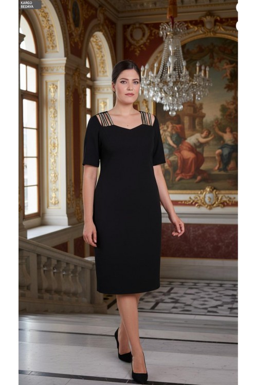 Nidya Moda Büyük Beden Kadın Siyah Omuz Taşlı Şeritli Krep Abiye Elbise-4155AS