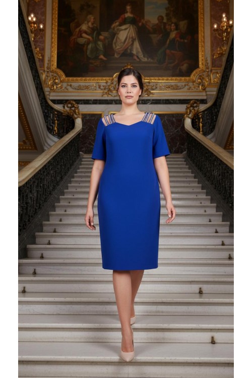 Nidya Moda Büyük Beden Kadın Saks Omuz Taşlı Şeritli Krep Abiye Elbise-4155ASX