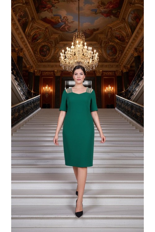 Nidya Moda Büyük Beden Kadın Yeşil Omuz Taşlı Şeritli Krep Abiye Elbise-4155AY