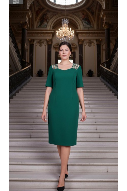 Nidya Moda Büyük Beden Kadın Yeşil Omuz Taşlı Şeritli Krep Abiye Elbise-4155AY