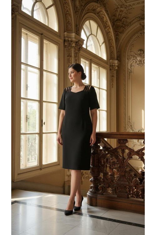 Nidya Moda Büyük Beden Kadın Siyah Omuz Şeritli Krep Abiye Elbise-4155S