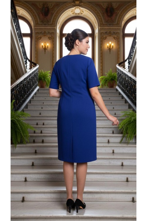 Nidya Moda Büyük Beden Kadın Saks Omuz Şeritli Abiye  Krep Elbise-4155SX