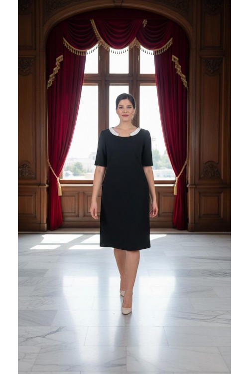 Nidya Moda Büyük Beden Kadın Siyah Yaka Beyaz Ay Kombinli Krep Abiye Elbise-4156S