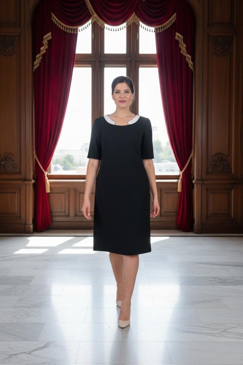 Nidya Moda Büyük Beden Kadın Siyah Yaka Beyaz Ay Kombinli Krep Abiye Elbise-4156S