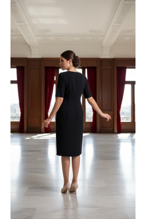 Nidya Moda Büyük Beden Kadın Siyah Yaka Beyaz Ay Kombinli Krep Abiye Elbise-4156S