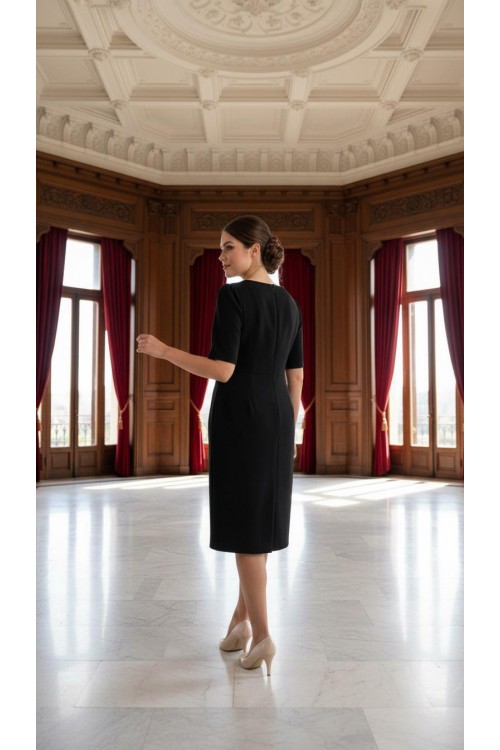 Nidya Moda Büyük Beden Kadın Siyah Yaka Beyaz Ay Kombinli Krep Abiye Elbise-4156S