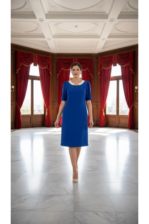 Nidya Moda Büyük Beden Kadın Saks Yaka Ay Kombinli Krep Abiye Elbise-4156SX