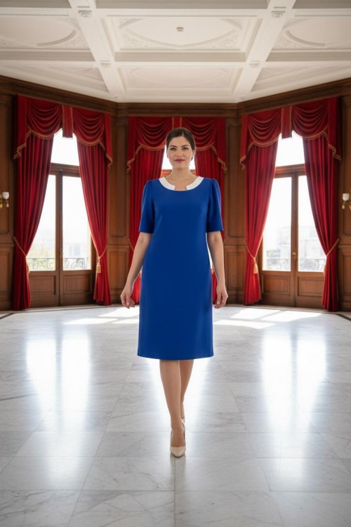 Nidya Moda Büyük Beden Kadın Saks Yaka Ay Kombinli Krep Abiye Elbise-4156SX