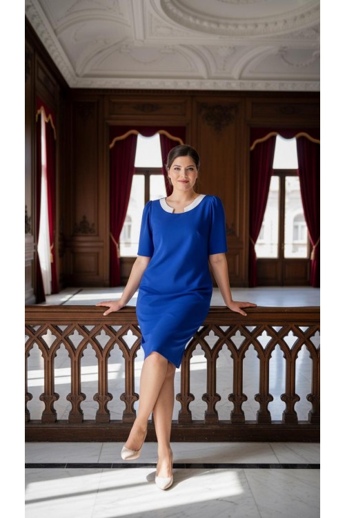 Nidya Moda Büyük Beden Kadın Saks Yaka Ay Kombinli Krep Abiye Elbise-4156SX