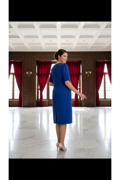 Nidya Moda Büyük Beden Kadın Saks Yaka Ay Kombinli Krep Abiye Elbise-4156SX