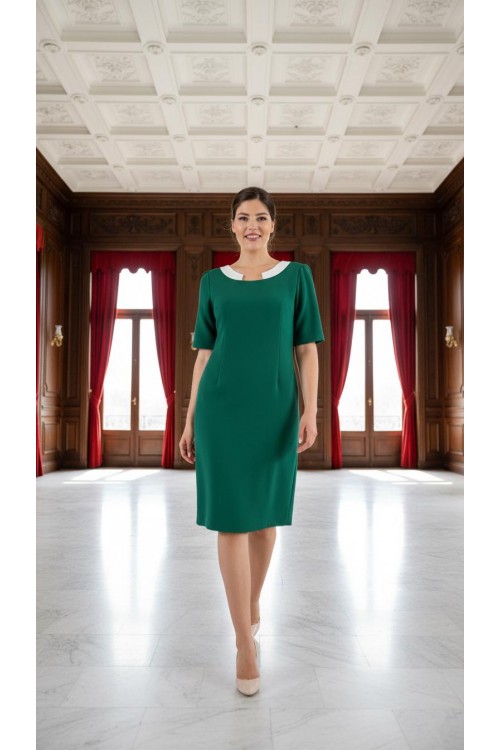 Nidya Moda Büyük Beden Kadın Yeşil Yaka Beyaz Ay Kombinli Krep Abiye Elbise-4156Y