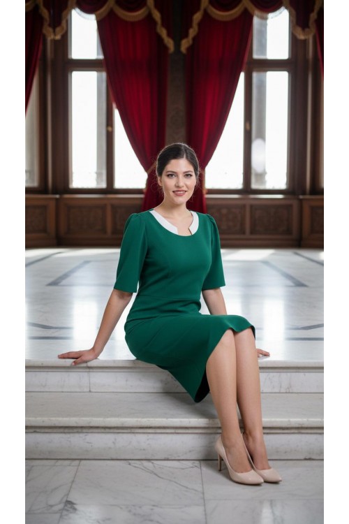 Nidya Moda Büyük Beden Kadın Yeşil Yaka Beyaz Ay Kombinli Krep Abiye Elbise-4156Y