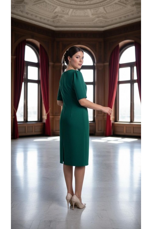 Nidya Moda Büyük Beden Kadın Yeşil Yaka Beyaz Ay Kombinli Krep Abiye Elbise-4156Y