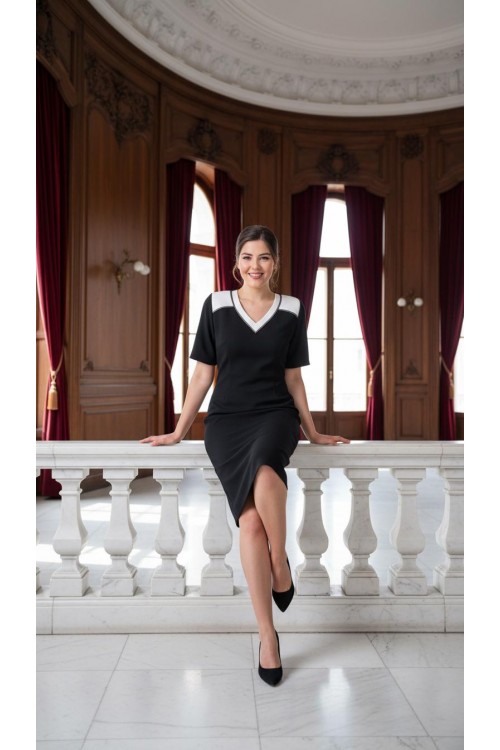 Nidya Moda Büyük Beden Kadın Siyah Kombinli V Yaka Taşlı Abiye Elbise-4157S