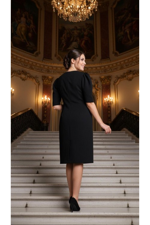 Nidya Moda Büyük Beden Kadın Siyah  Taşlı Yaka Krep Abiye Elbise-4158S