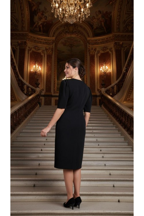 Nidya Moda Büyük Beden Kadın Siyah  Taşlı Yaka Krep Abiye Elbise-4158S