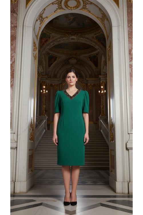 Nidya Moda Büyük Beden Kadın Yeşil Taşlı Yaka Krep Abiye Elbise-4158Y