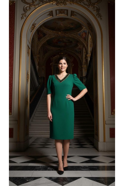 Nidya Moda Büyük Beden Kadın Yeşil Taşlı Yaka Krep Abiye Elbise-4158Y