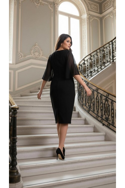 Nidya Moda Büyük Beden Kadın Siyah Taşlı Yaka Şifon Kol Krep Abiye Elbise-4158ŞS