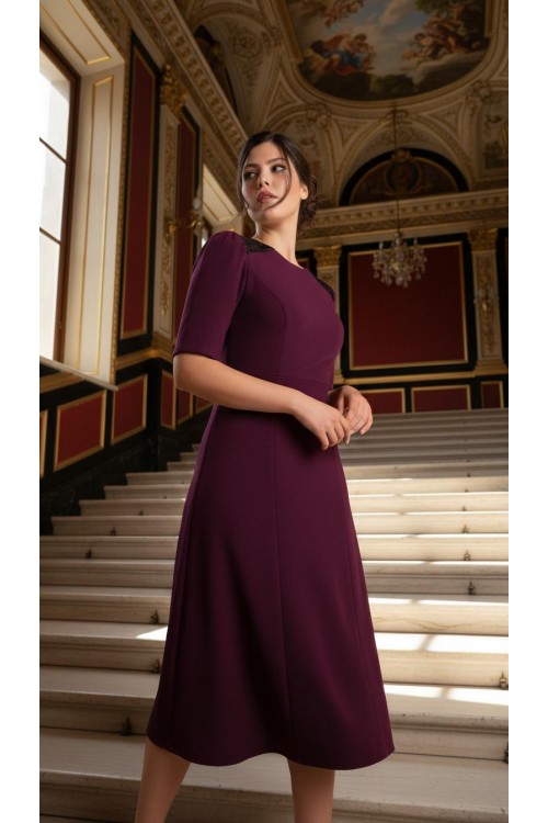 Nidya Moda Büyük Beden Kadın Mürdüm Omuz Pullu Payet Kombinli Krep Abiye Elbise-4159M