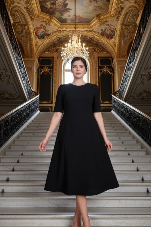 Nidya Moda Büyük Beden Kadın Siyah Omuz Pullu Payet Kombinli Krep Abiye Elbise-4159S