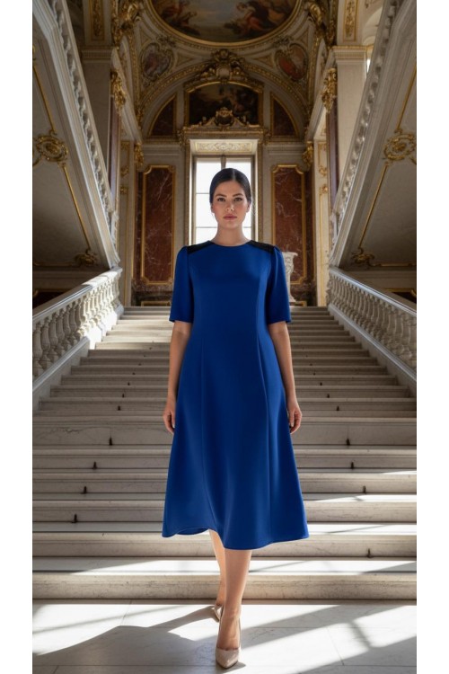 Nidya Moda Büyük Beden Kadın Saks Omuz Pullu Payet Kombinli Krep Abiye Elbise-4159SX