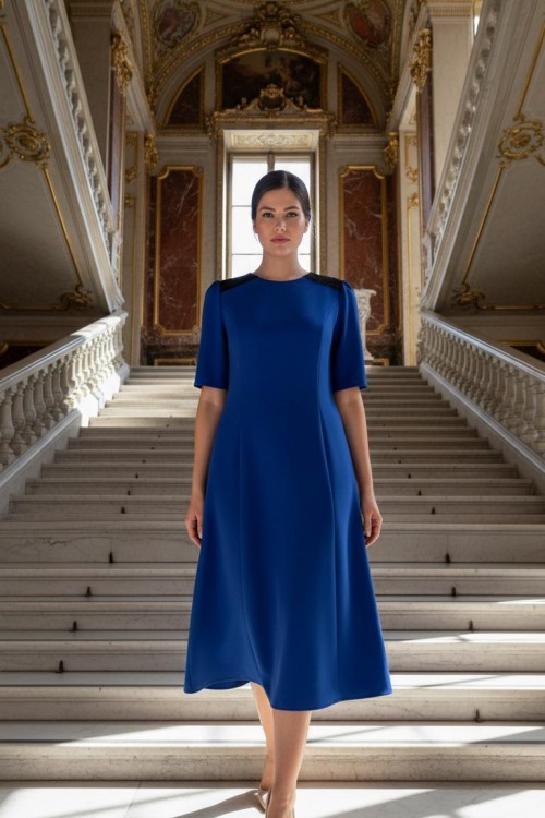 Nidya Moda Büyük Beden Kadın Saks Omuz Pullu Payet Kombinli Krep Abiye Elbise-4159SX