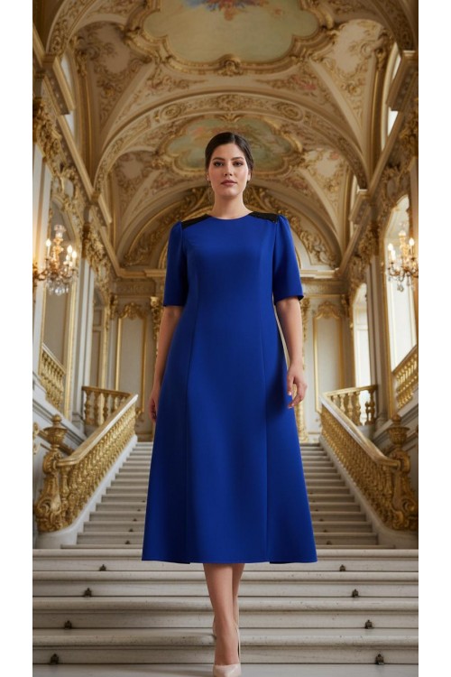 Nidya Moda Büyük Beden Kadın Saks Omuz Pullu Payet Kombinli Krep Abiye Elbise-4159SX