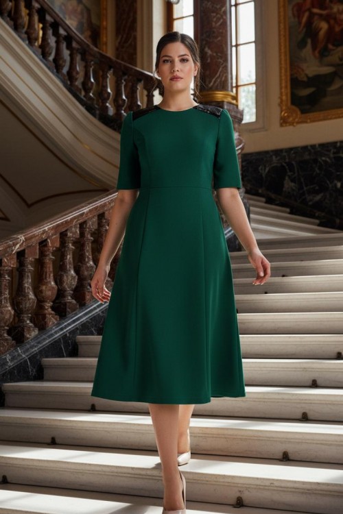 Nidya Moda Büyük Beden Kadın Yeşil Omuz Pullu Payet Kombinli Krep  Abiye Elbise-4159Y