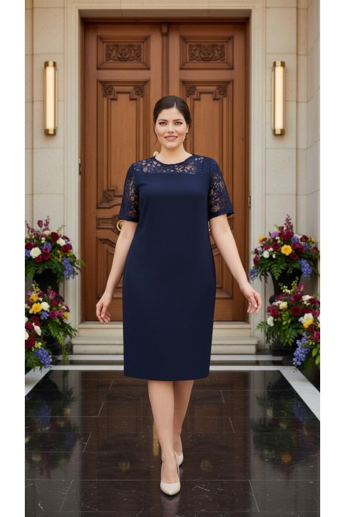 Nidya Moda Büyük Beden Kadın Lacivert Roba Kol Sarmal Dantel Kombin Abiye Elbise-4160L