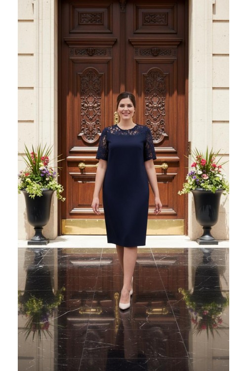 Nidya Moda Büyük Beden Kadın Lacivert Roba Kol Sarmal Dantel Kombin Abiye Elbise-4160L