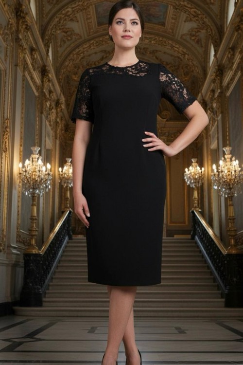 Nidya Moda Büyük Beden  Kadın Siyah Roba Kol Sarmal Dantel Kombin Abiye Elbise-4160S