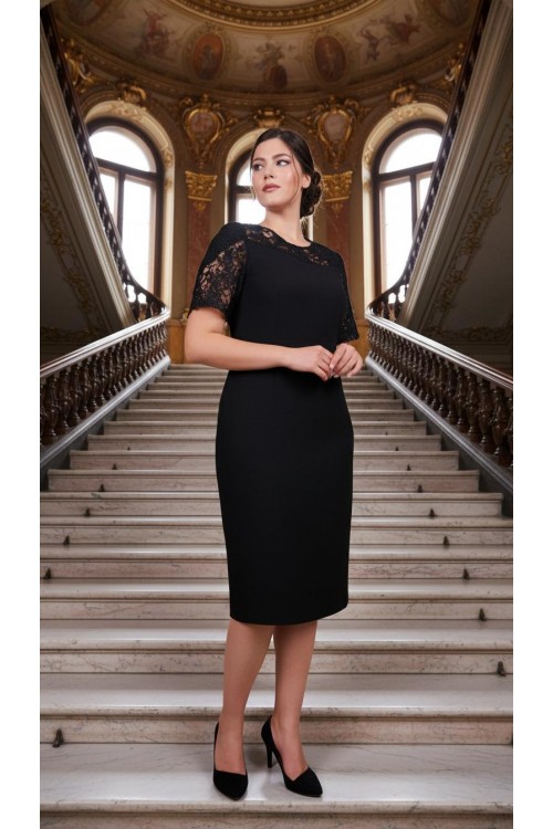 Nidya Moda Büyük Beden  Kadın Siyah Roba Kol Sarmal Dantel Kombin Abiye Elbise-4160S