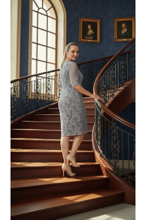 Nidya Moda Büyük Beden Kadın Açık Gri Dantel  Abiye Elbise-4161AG