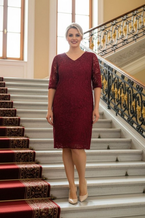 Nidya Moda Büyük Beden Kadın Bordo V Yaka Sim Kordoneli Dantel Abiye Elbise-4161BO