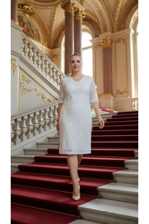 Nidya Moda Büyük Beden Kadın Ekru Dantel Abiye Elbise-4161E